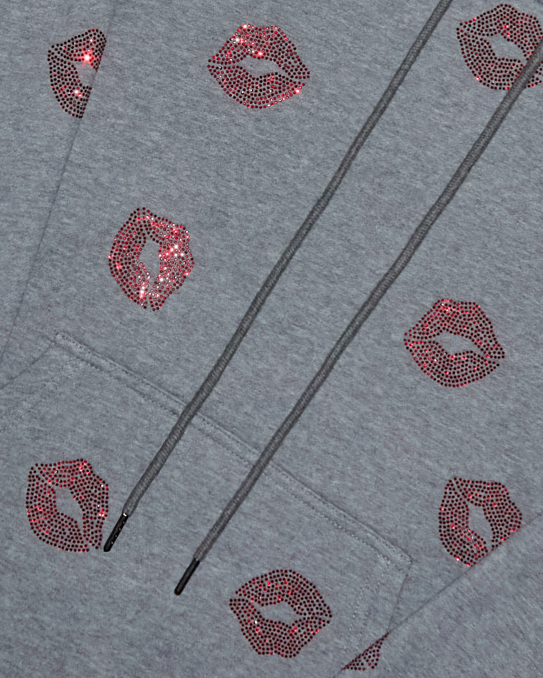 NEW! So Kissable - Gray Hoodie with Red Rhinestones. Satin Lined Hood.
