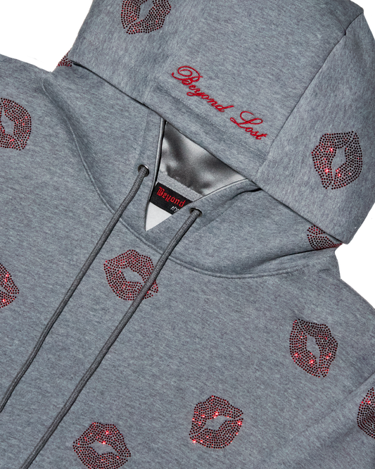 NEW! So Kissable - Gray Hoodie with Red Rhinestones. Satin Lined Hood.