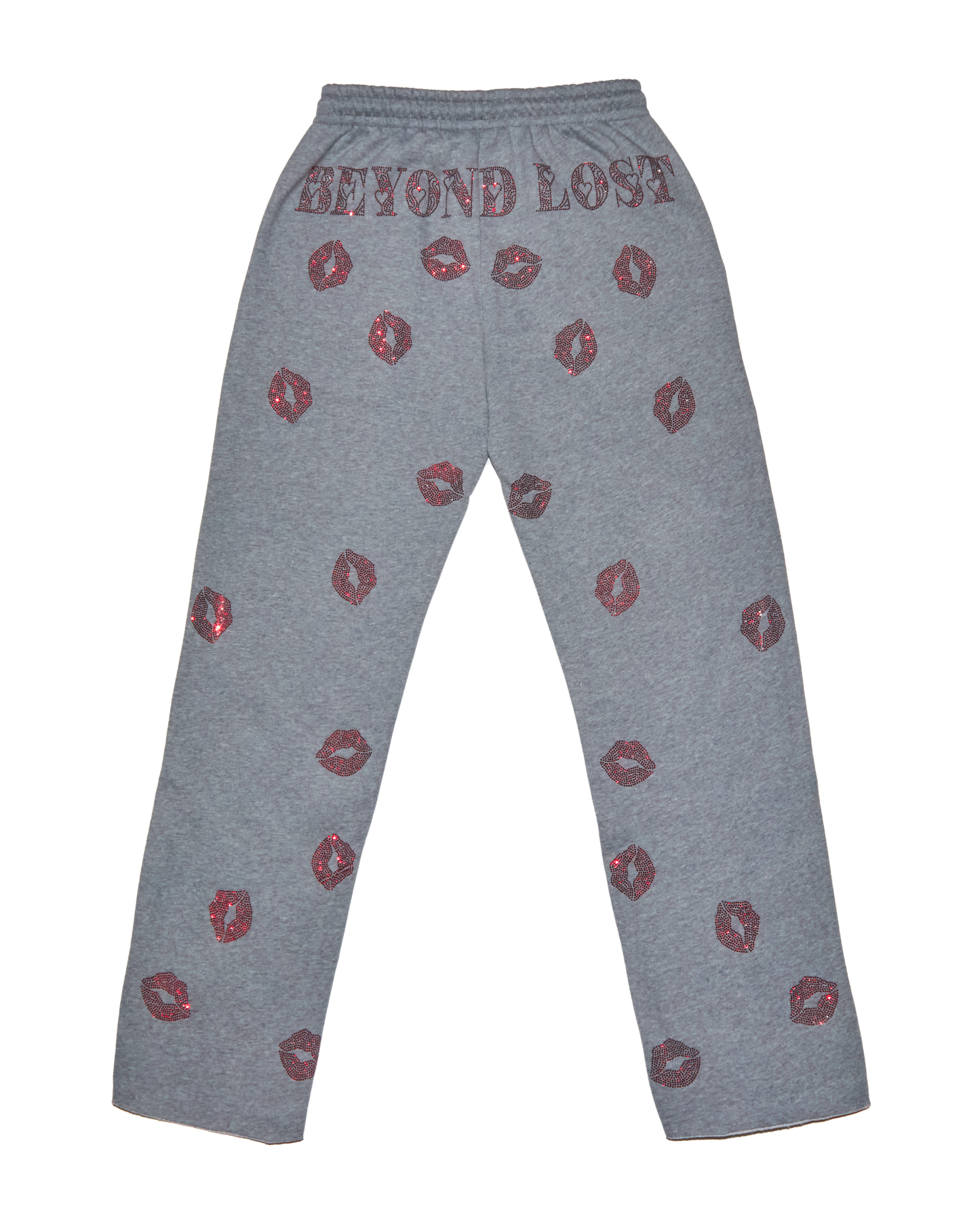NEW! So Kissable - Gray Sweatpants with Red Rhinestones - Raw Hem Straight Leg