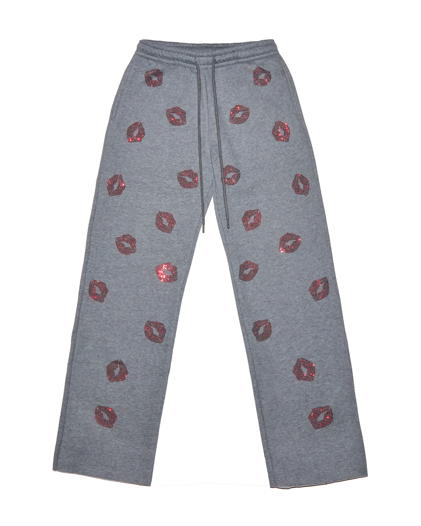 NEW! So Kissable - Gray Sweatpants with Red Rhinestones - Raw Hem Straight Leg