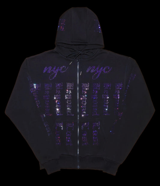 Cult Classic - Oversized Black Hoodie with 12k+ Blue Iridescent Rhinestones