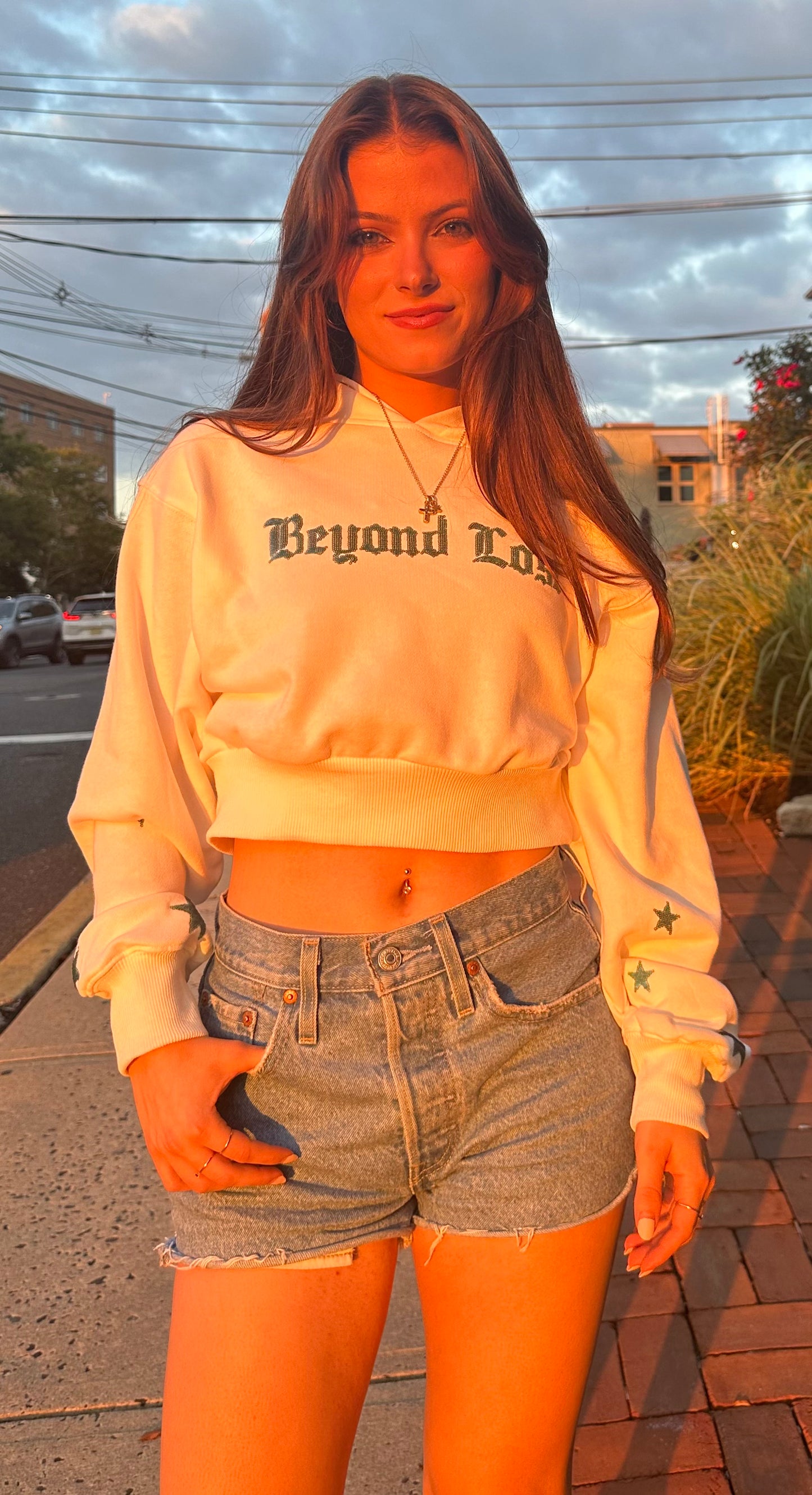White Crop Hoodie w/ Coastal Blue Sequins. True to Size. Limited Edition!