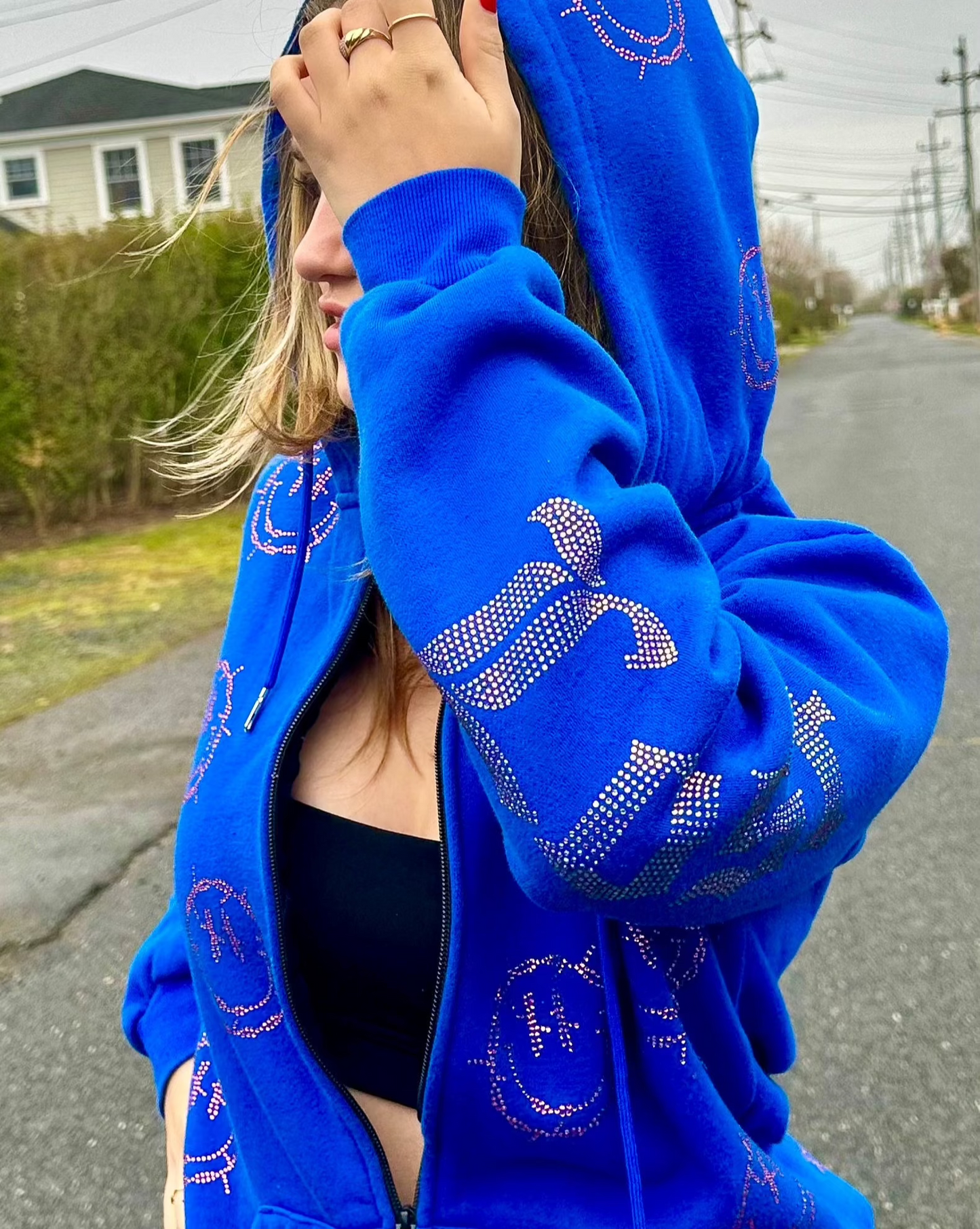 NEW! Smiley Blue Hoodie with Pink Rhinestones Satin Lined Hood