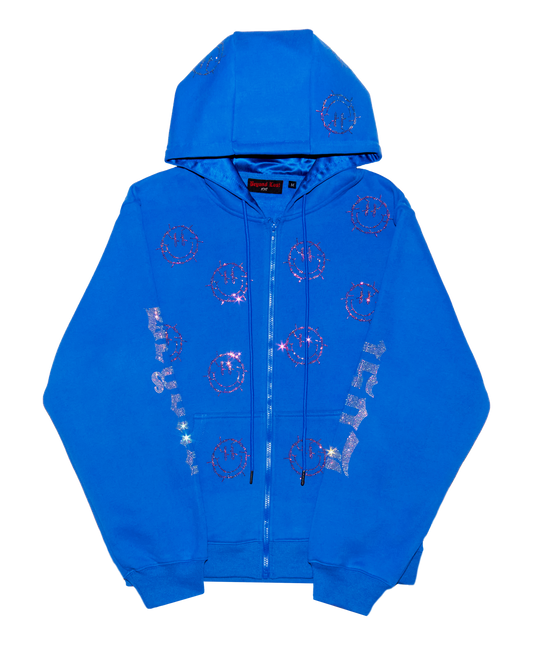 NEW! Smiley Blue Hoodie with Pink Rhinestones Satin Lined Hood