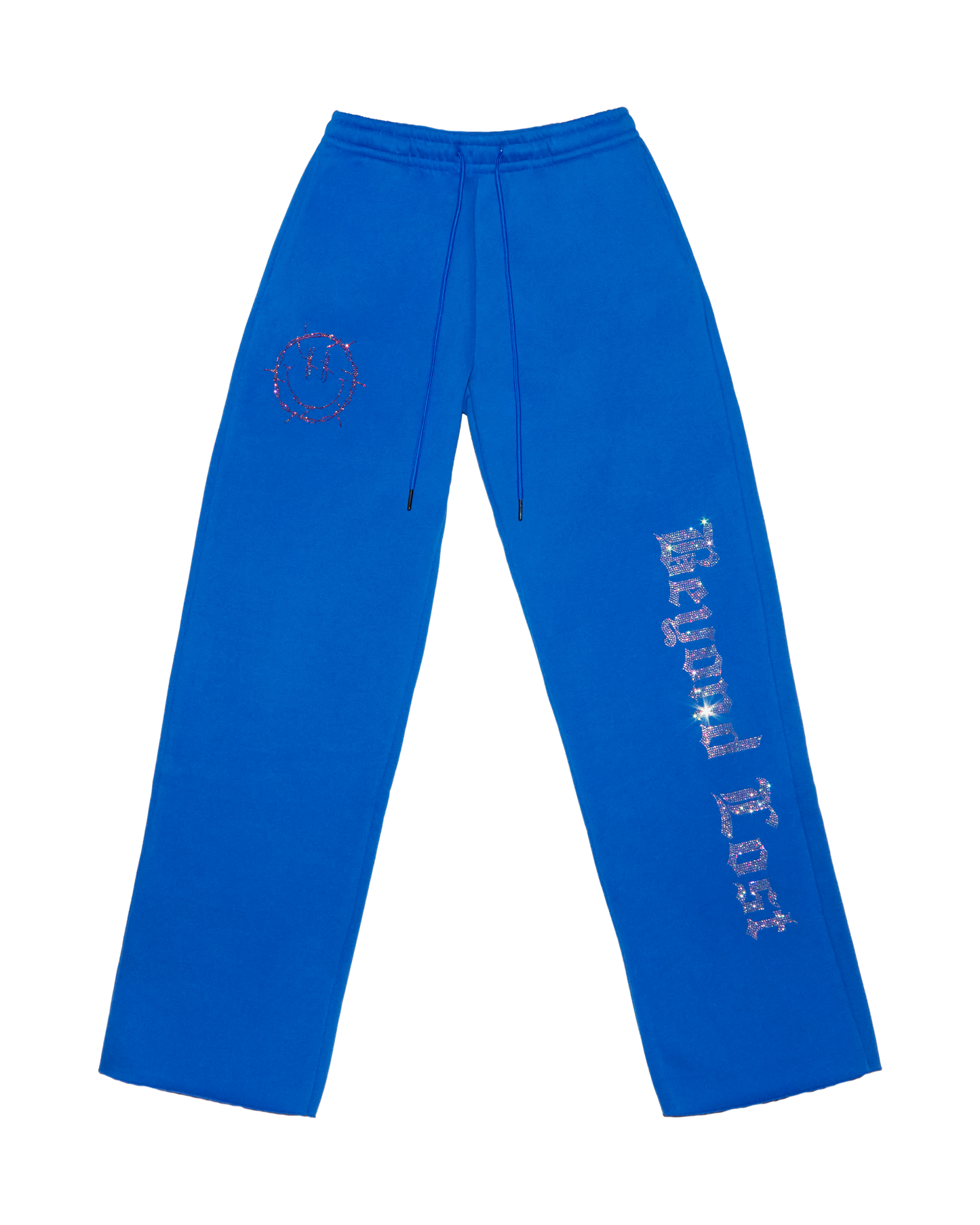 NEW! Smiley Blue Sweatpants with Pink Rhinestones - Raw Hem Straight Leg