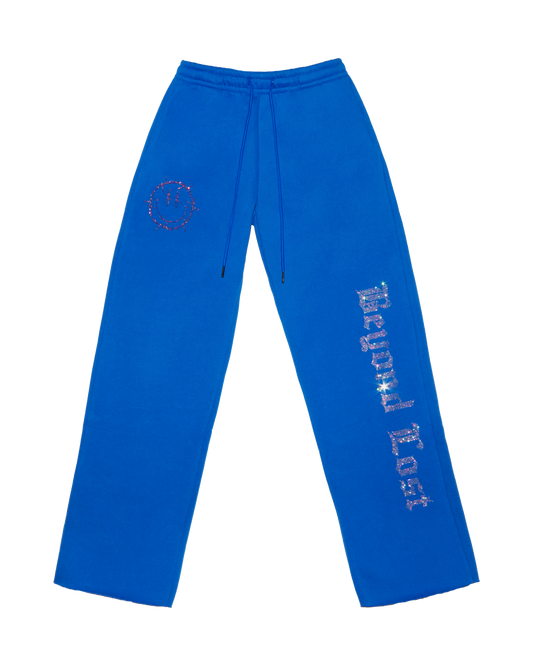 NEW! Smiley Blue Sweatpants with Pink Rhinestones - Raw Hem Straight Leg