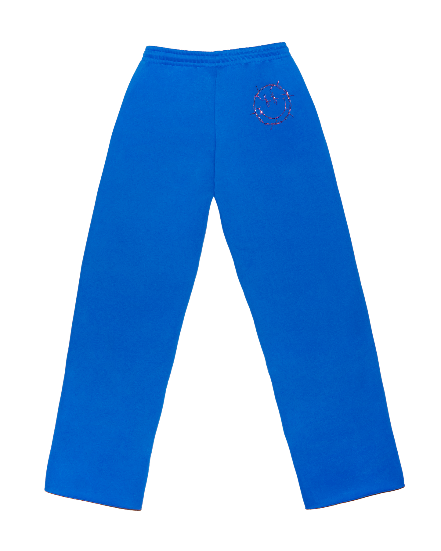 NEW! Smiley Blue Sweatpants with Pink Rhinestones - Raw Hem Straight Leg