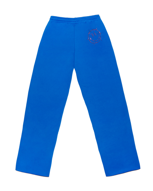 NEW! Smiley Blue Sweatpants with Pink Rhinestones - Raw Hem Straight Leg