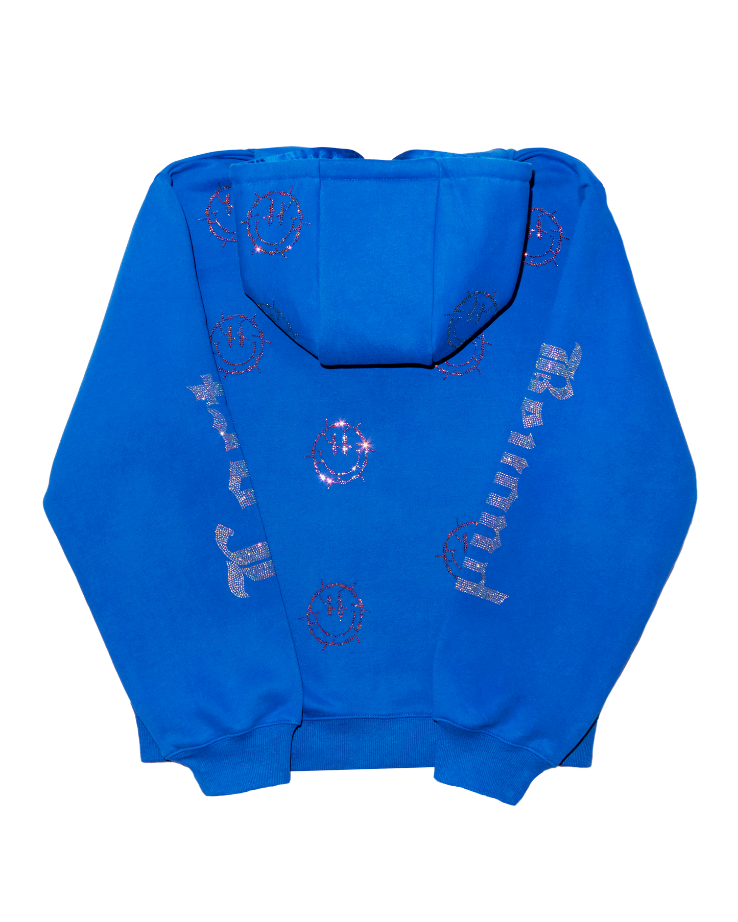 NEW! Smiley Blue Hoodie with Pink Rhinestones Satin Lined Hood