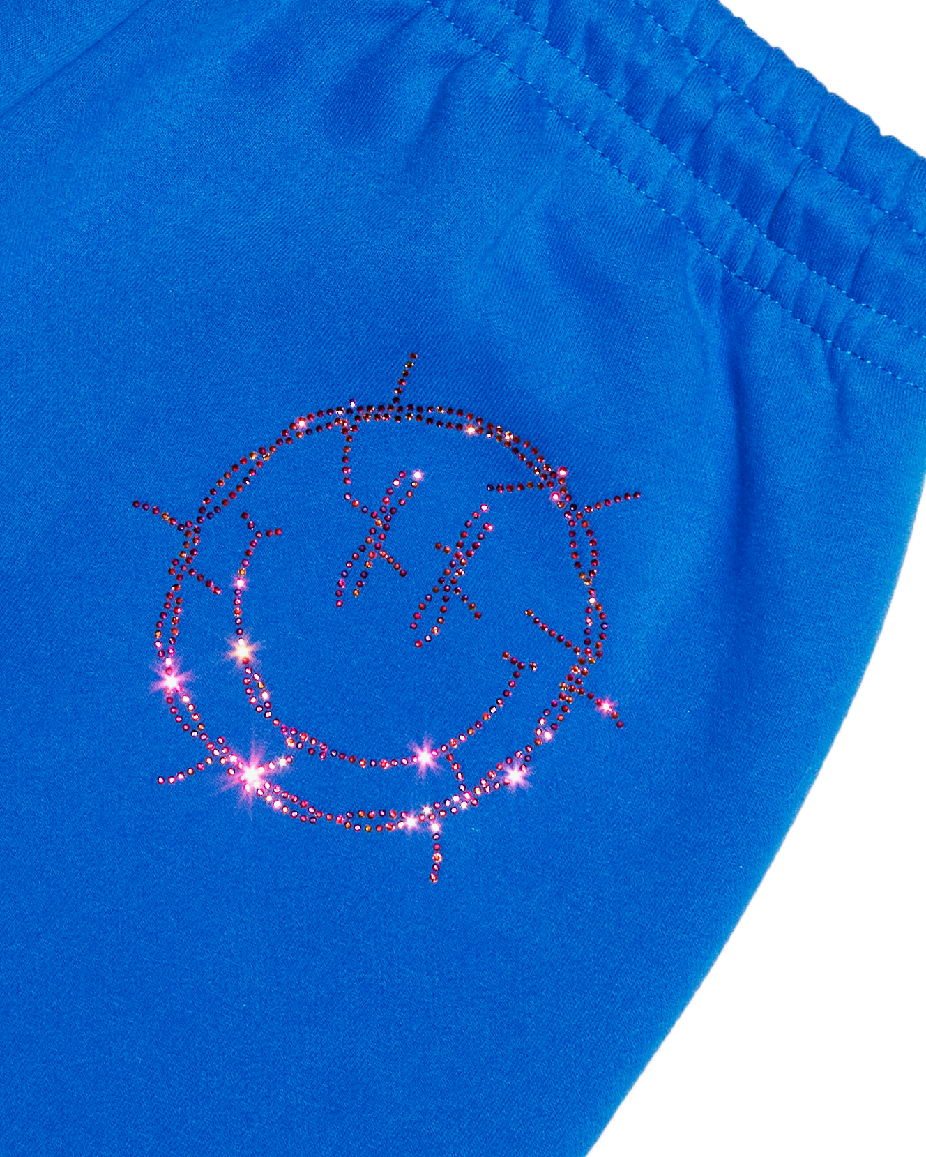 NEW! Smiley Blue Sweatpants with Pink Rhinestones - Raw Hem Straight Leg