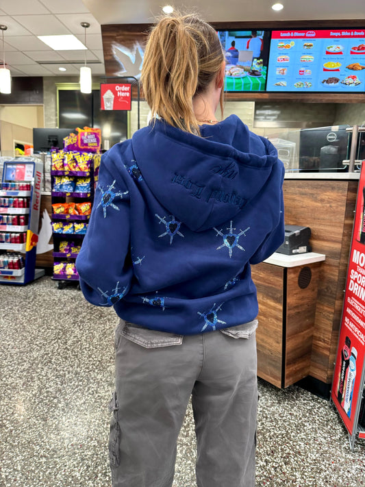 Updated design! Swords & Shields Navy Rhinestone Zip Up Hoodie w/3 panel hood (not shown)