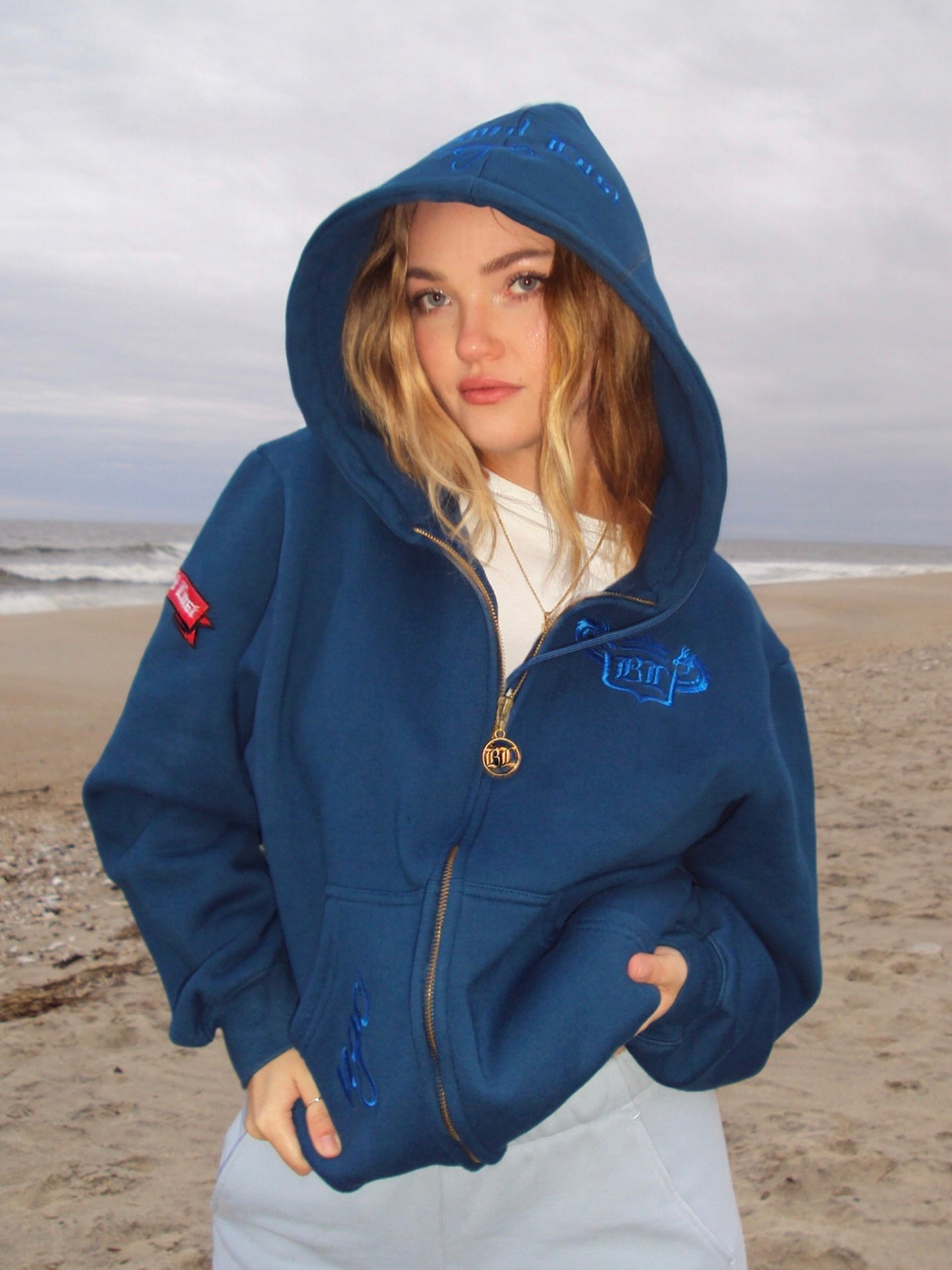 Year of the Dragon Collection: Night Blue Zip Up Hoodie Neon Blue Embroidery