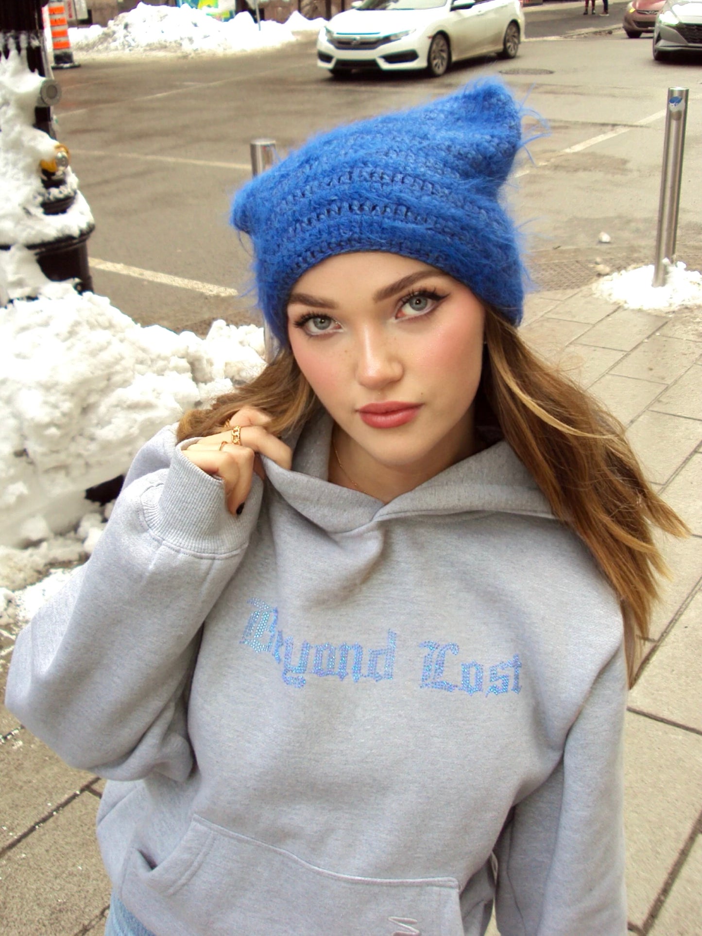 Steel Gray Oversized Pullover Hoodie: Aqua Blue Rhinestones