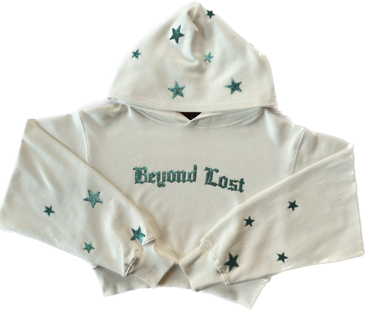 White Crop Hoodie w/ Coastal Blue Sequins. True to Size. Limited Edition!