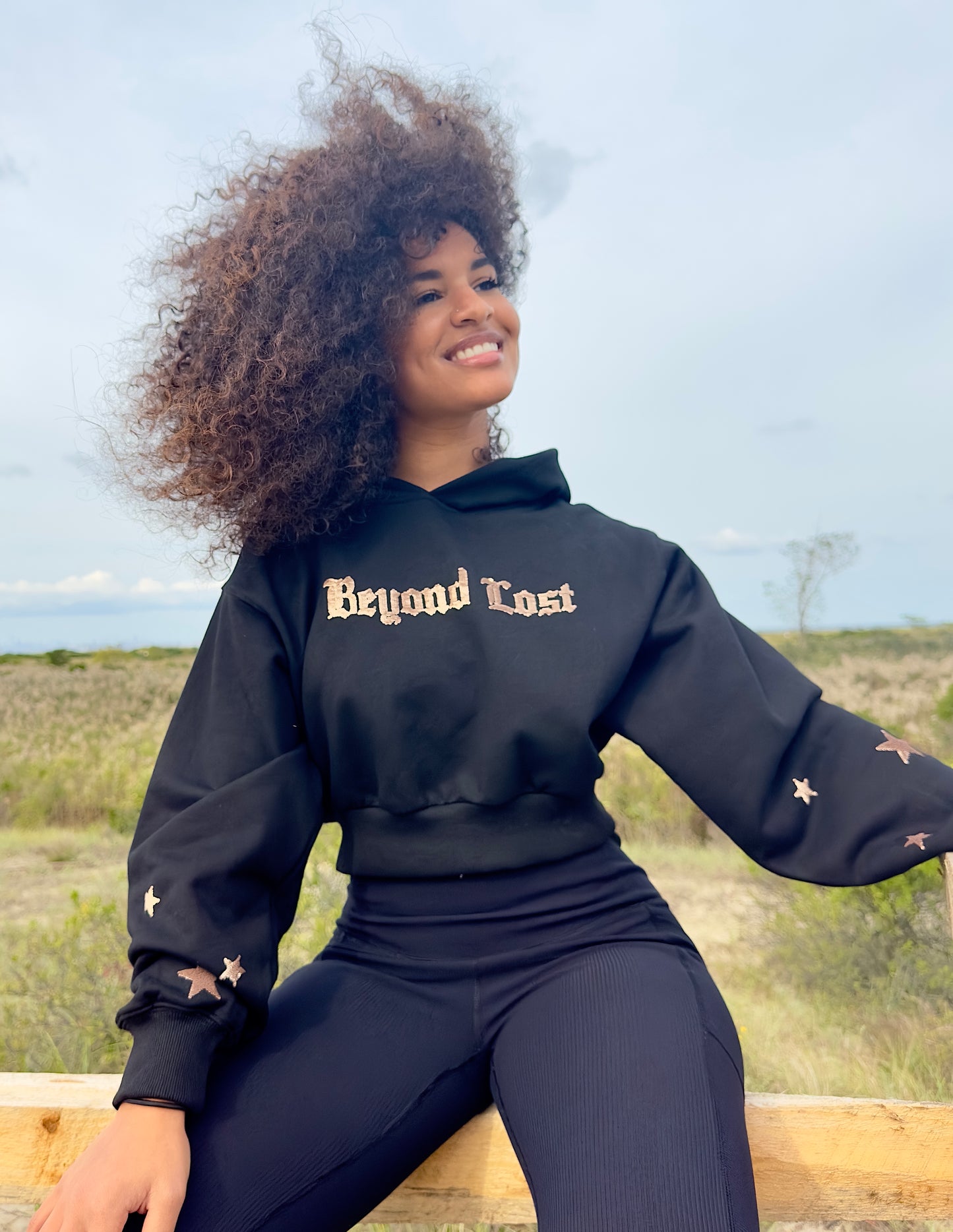 Black Crop Hoodie w/ Bronzed Gold Sequins. True to Size. Limited Edition!