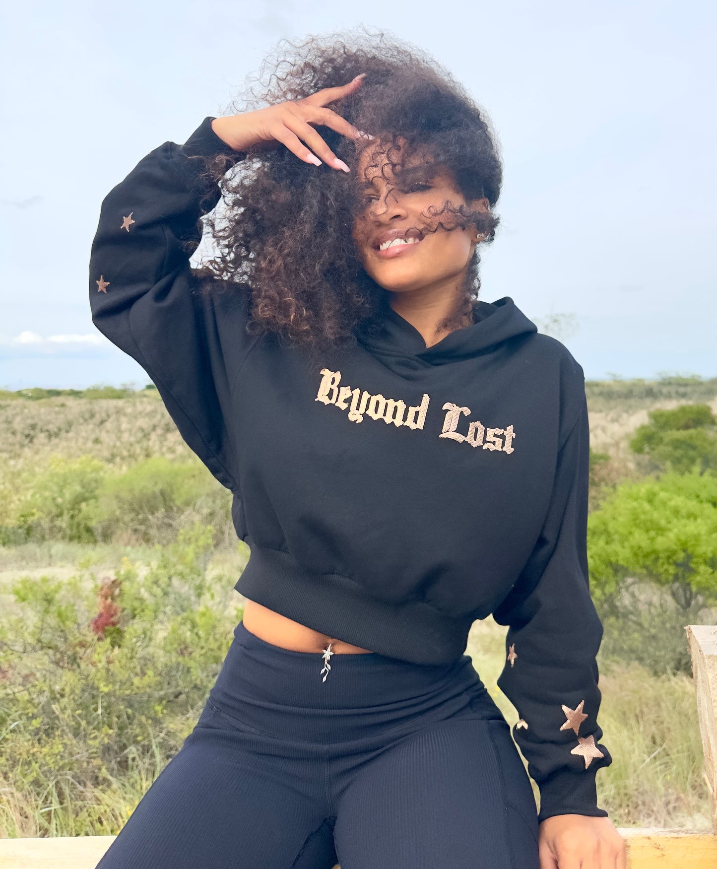 Black Crop Hoodie w/ Bronzed Gold Sequins. True to Size. Limited Edition!
