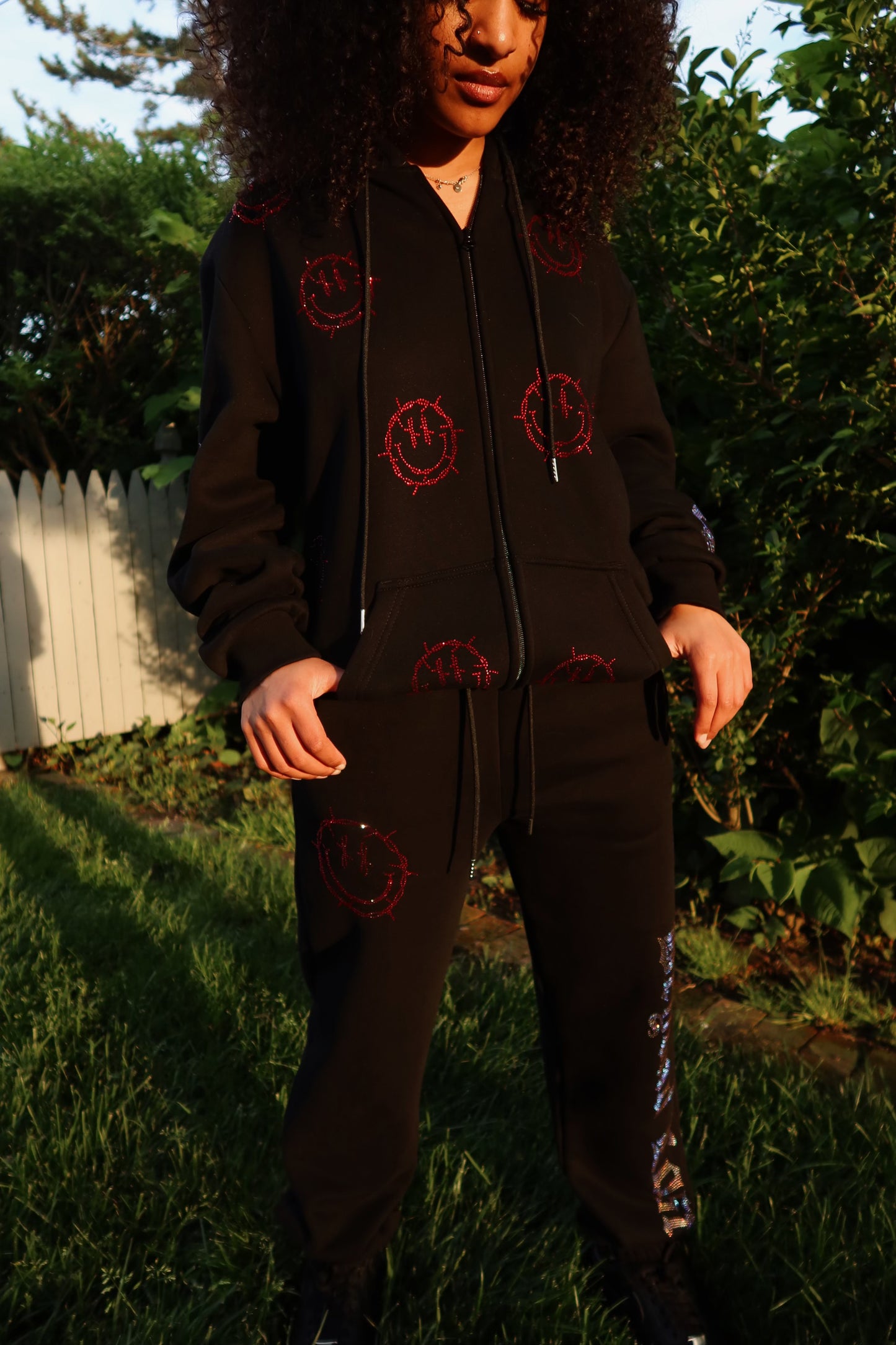Black Rhinestone Sweats: Barbed Wire Smiley Face