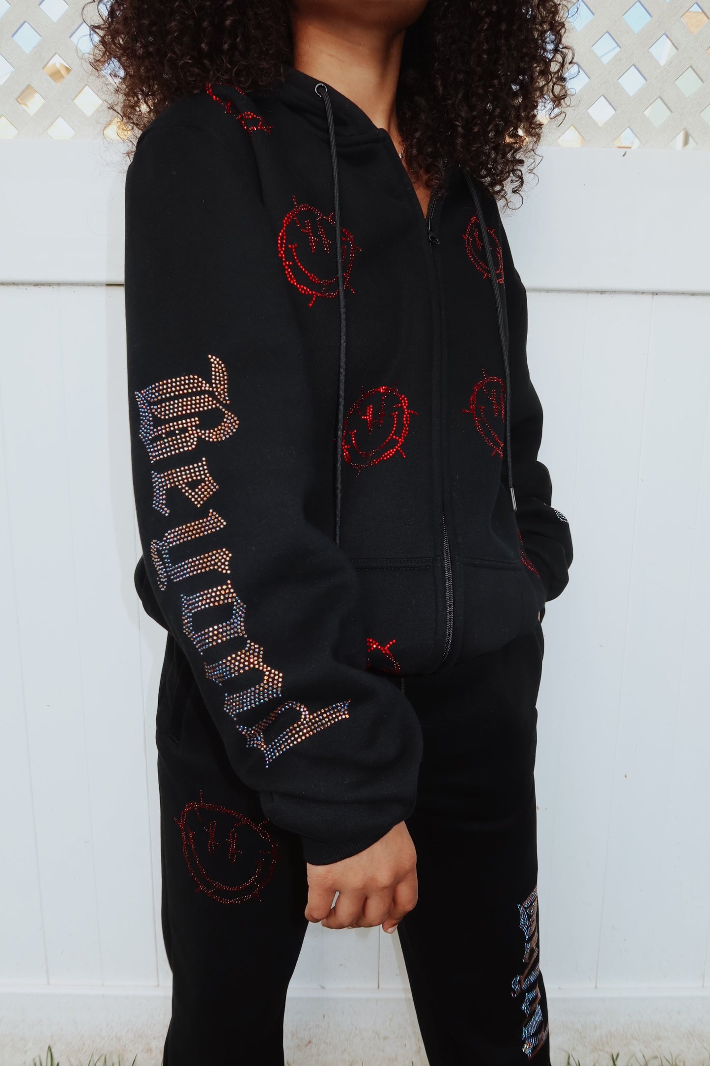 Black Rhinestone Sweats: Barbed Wire Smiley Face