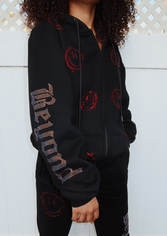 Black Rhinestone Zip Hoodie: Barbed Wire Smiley Face