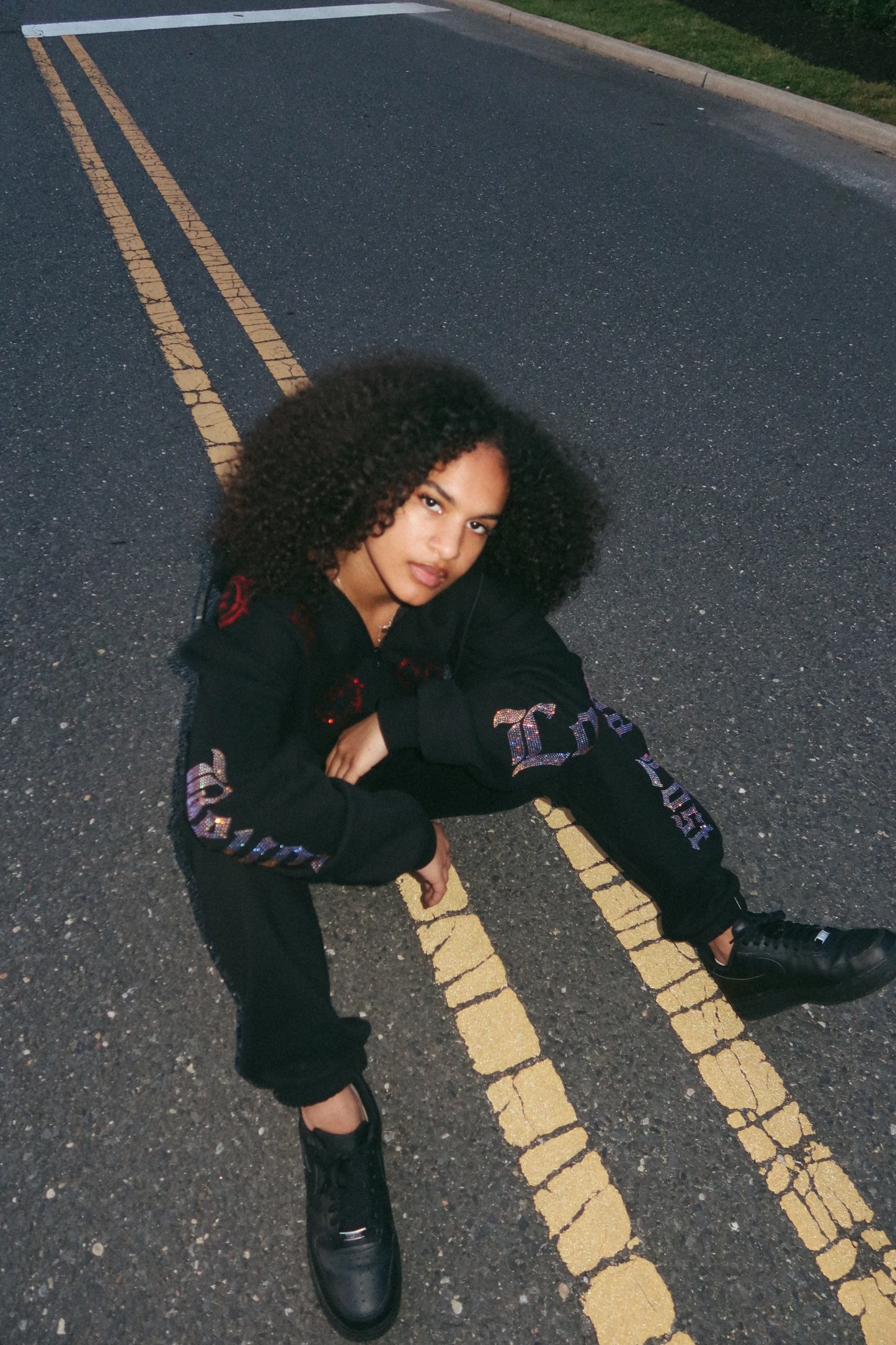 Black Rhinestone Sweats: Barbed Wire Smiley Face