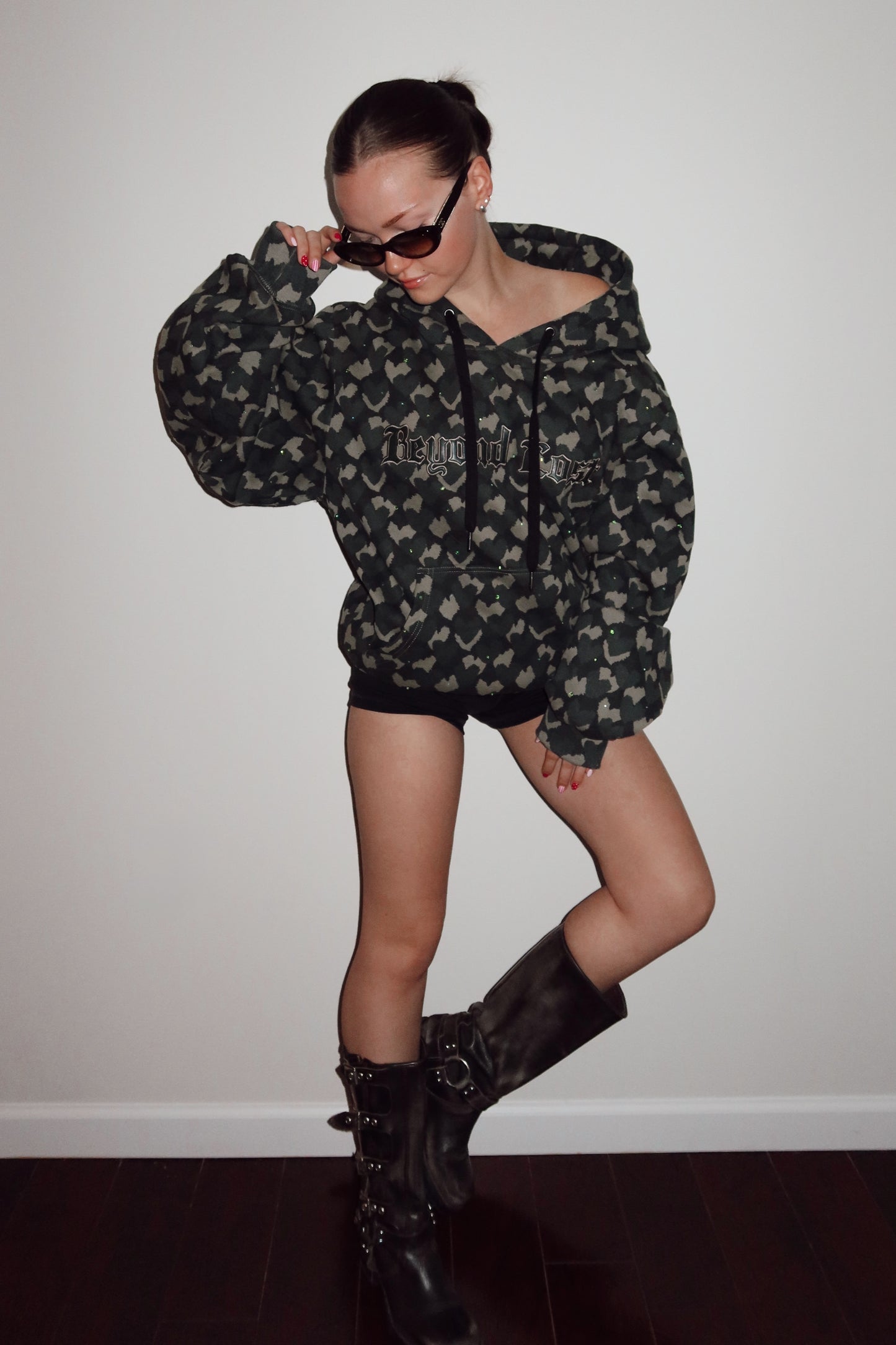 Rhinestone Heart Hoodie w/ faux leather embroidery