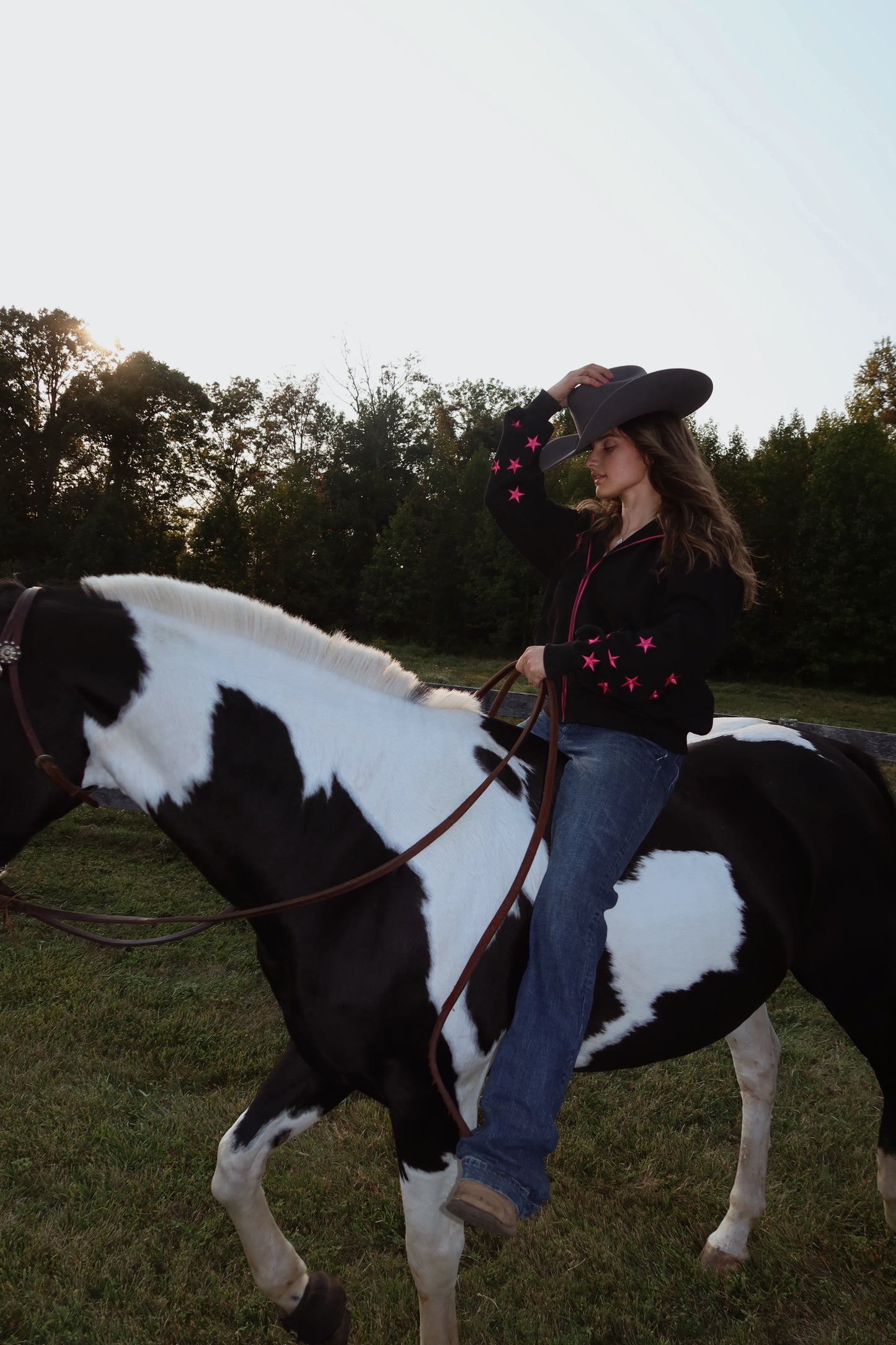 Black & Pink Zip Up Hoodie: Western Edit w/ Metallic Embroidery