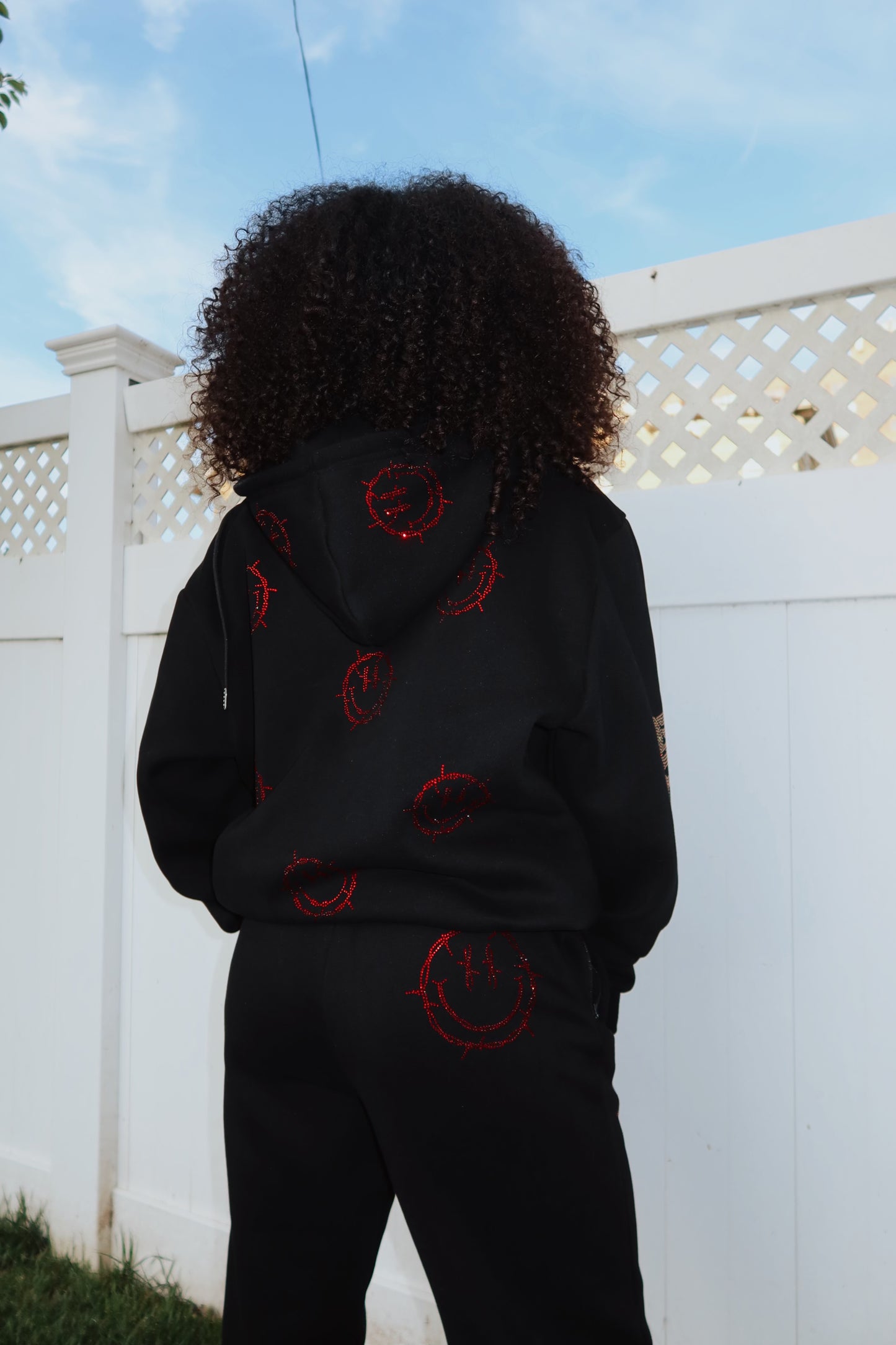 Black Rhinestone Zip Hoodie: Barbed Wire Smiley Face