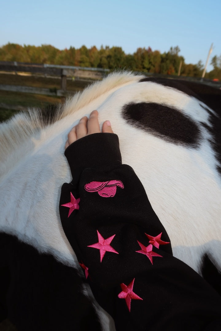 Black & Pink Zip Up Hoodie: Western Edit w/ Metallic Embroidery