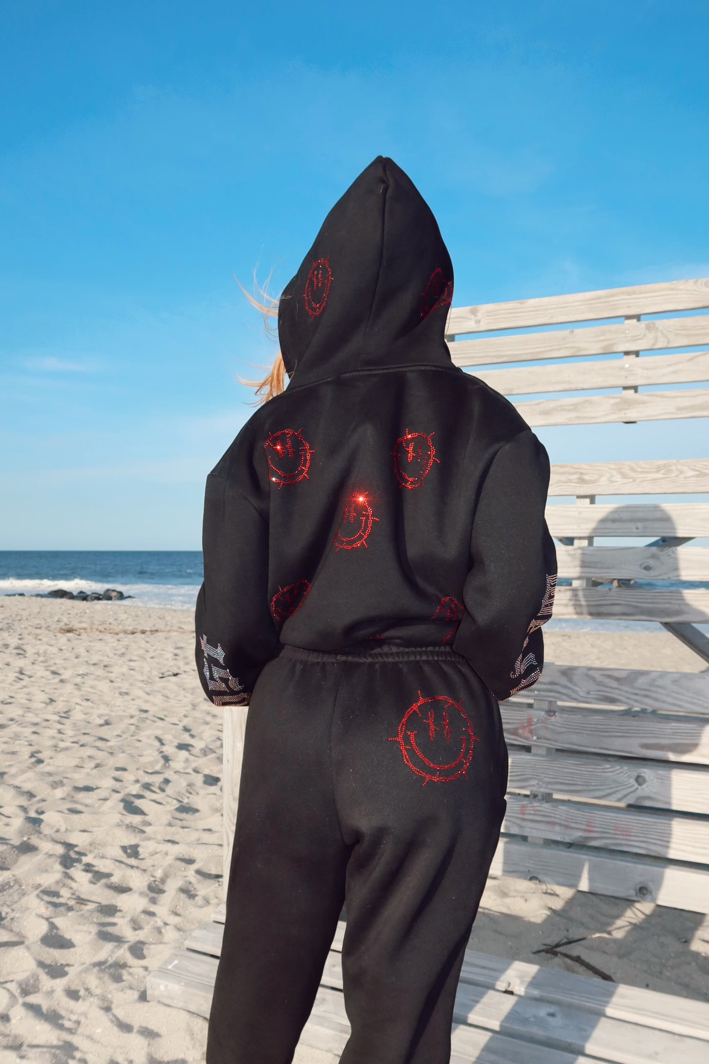 Black Rhinestone Sweats: Barbed Wire Smiley Face