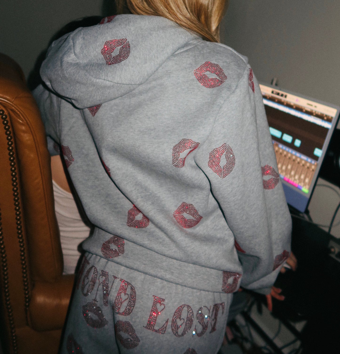 NEW! So Kissable - Gray Sweatpants with Red Rhinestones - Raw Hem Straight Leg