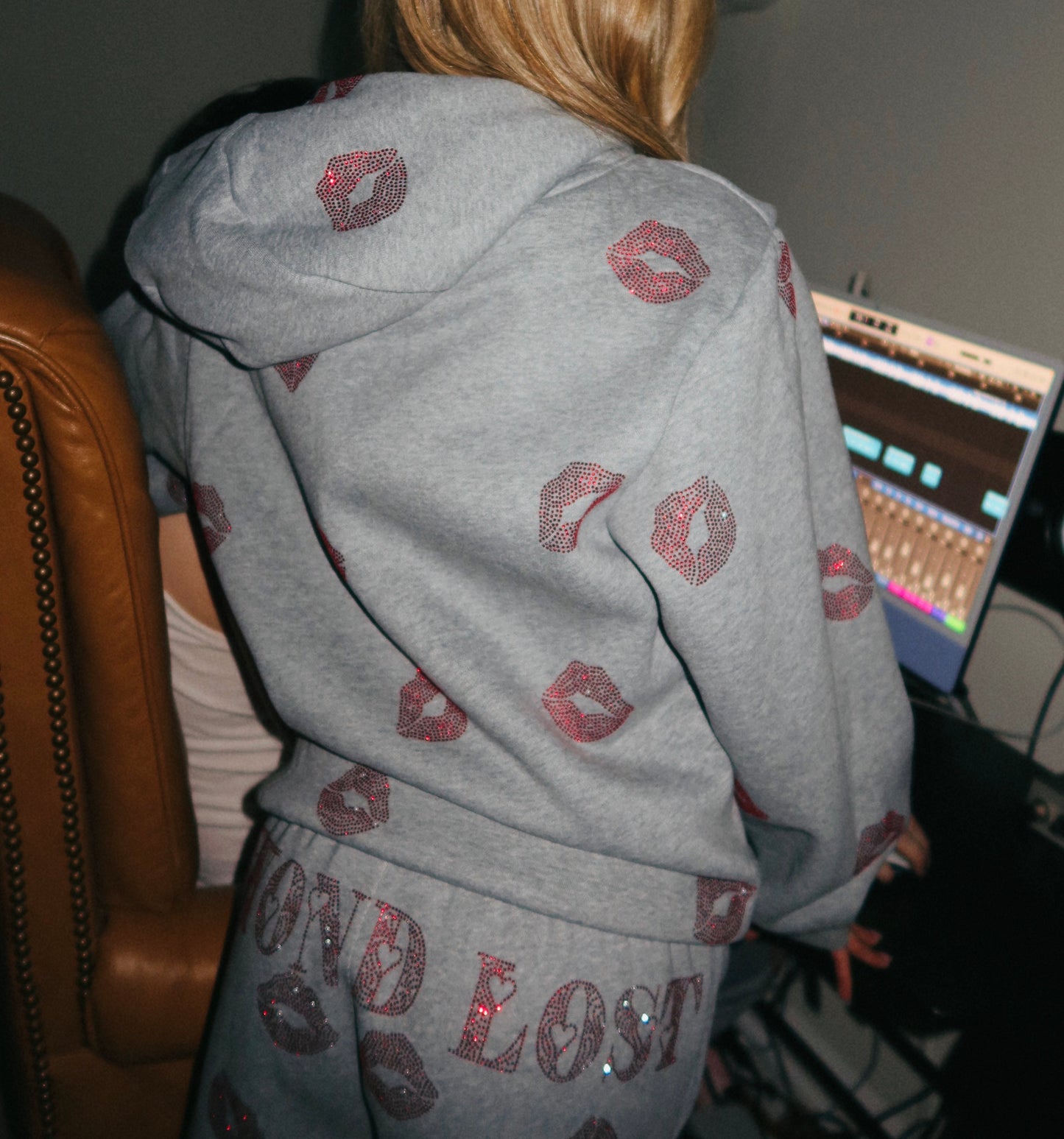 NEW! So Kissable - Gray Hoodie with Red Rhinestones. Satin Lined Hood.