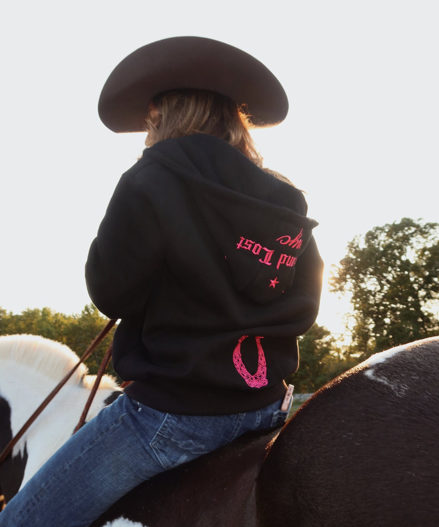 Black & Pink Zip Up Hoodie: Western Edit w/ Metallic Embroidery
