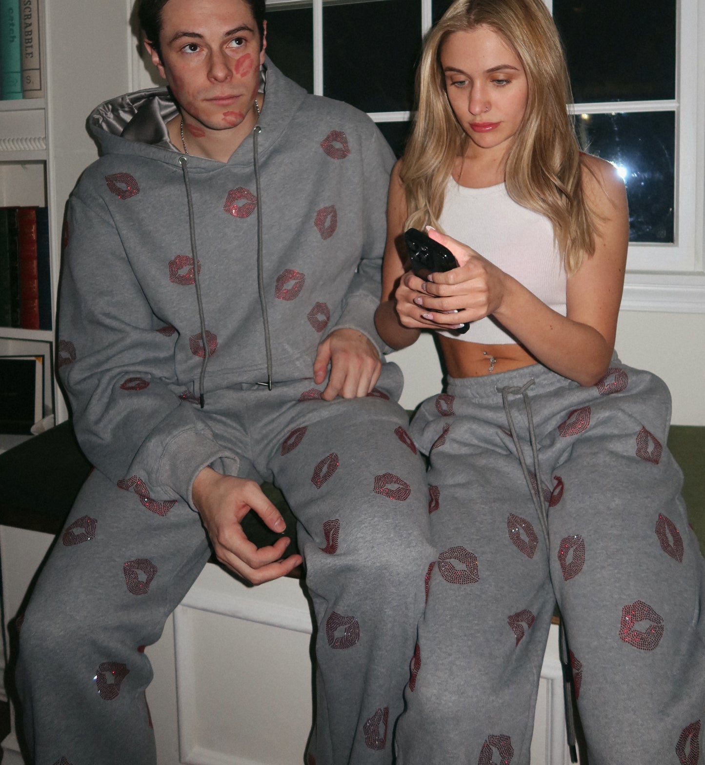 NEW! So Kissable - Gray Sweatpants with Red Rhinestones - Raw Hem Straight Leg