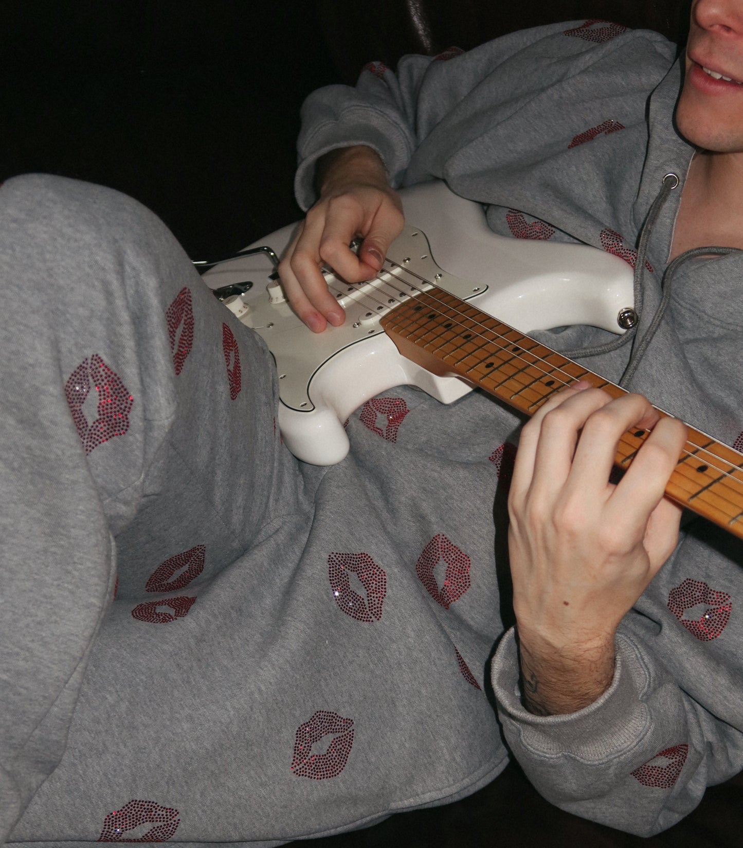 NEW! So Kissable - Gray Sweatpants with Red Rhinestones - Raw Hem Straight Leg