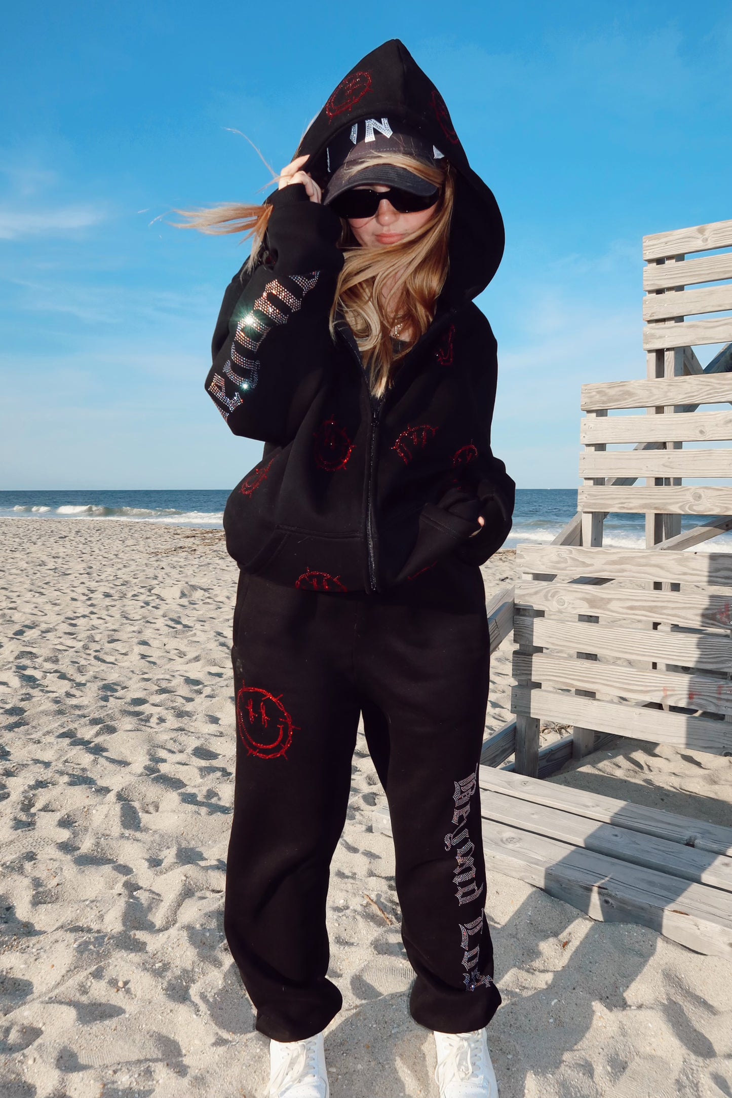 Black Rhinestone Sweats: Barbed Wire Smiley Face