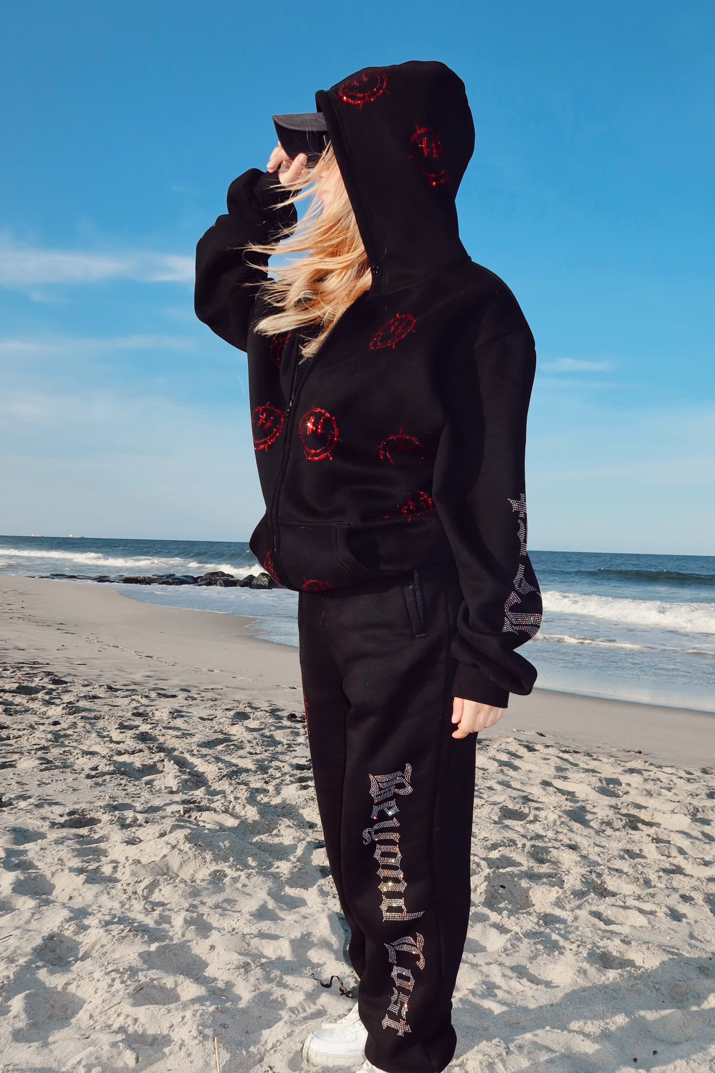 Black Rhinestone Sweats: Barbed Wire Smiley Face