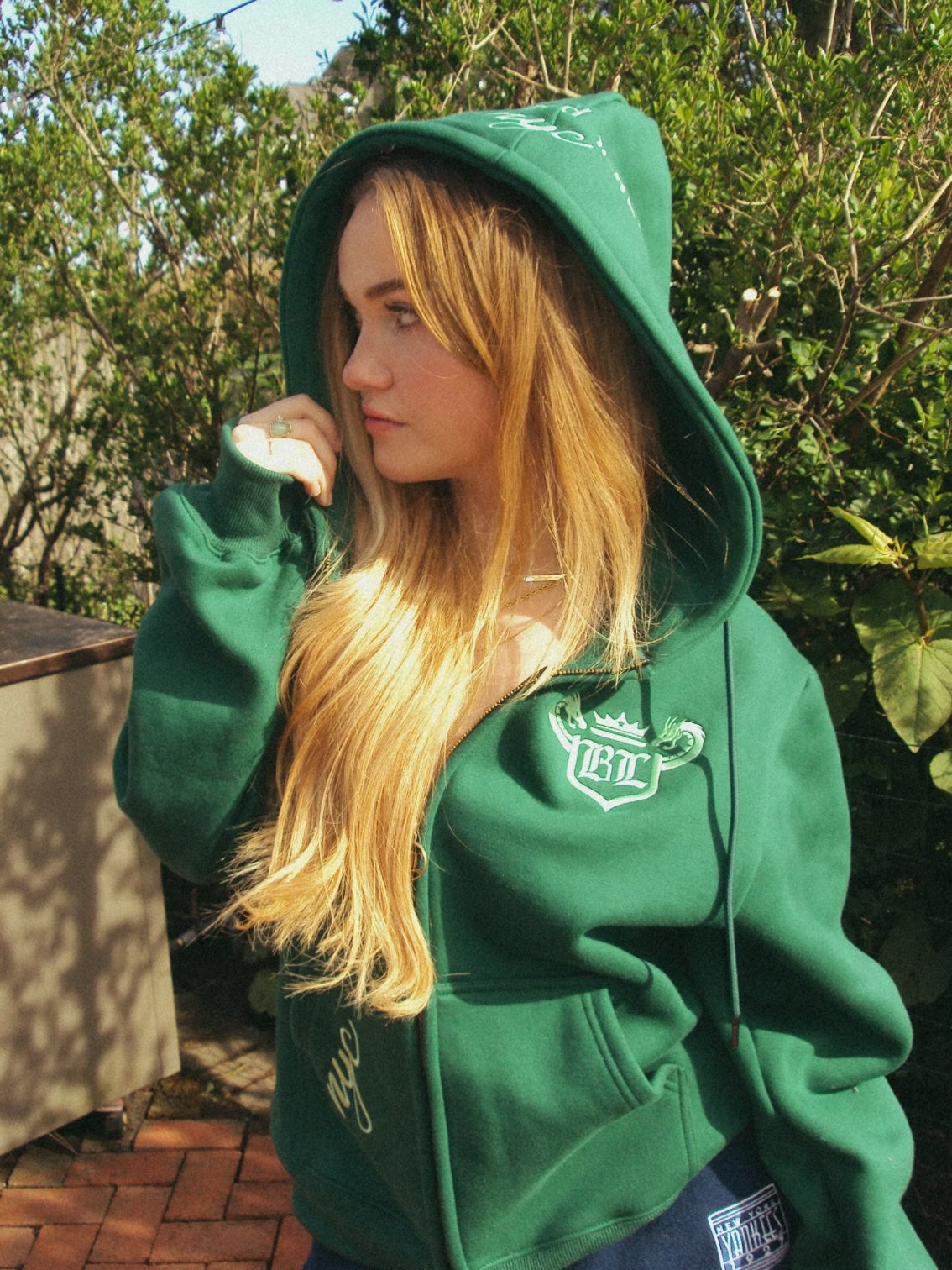 Year of the Dragon Collection: Jade Green Zip Up Hoodie Neon Green Embroidery