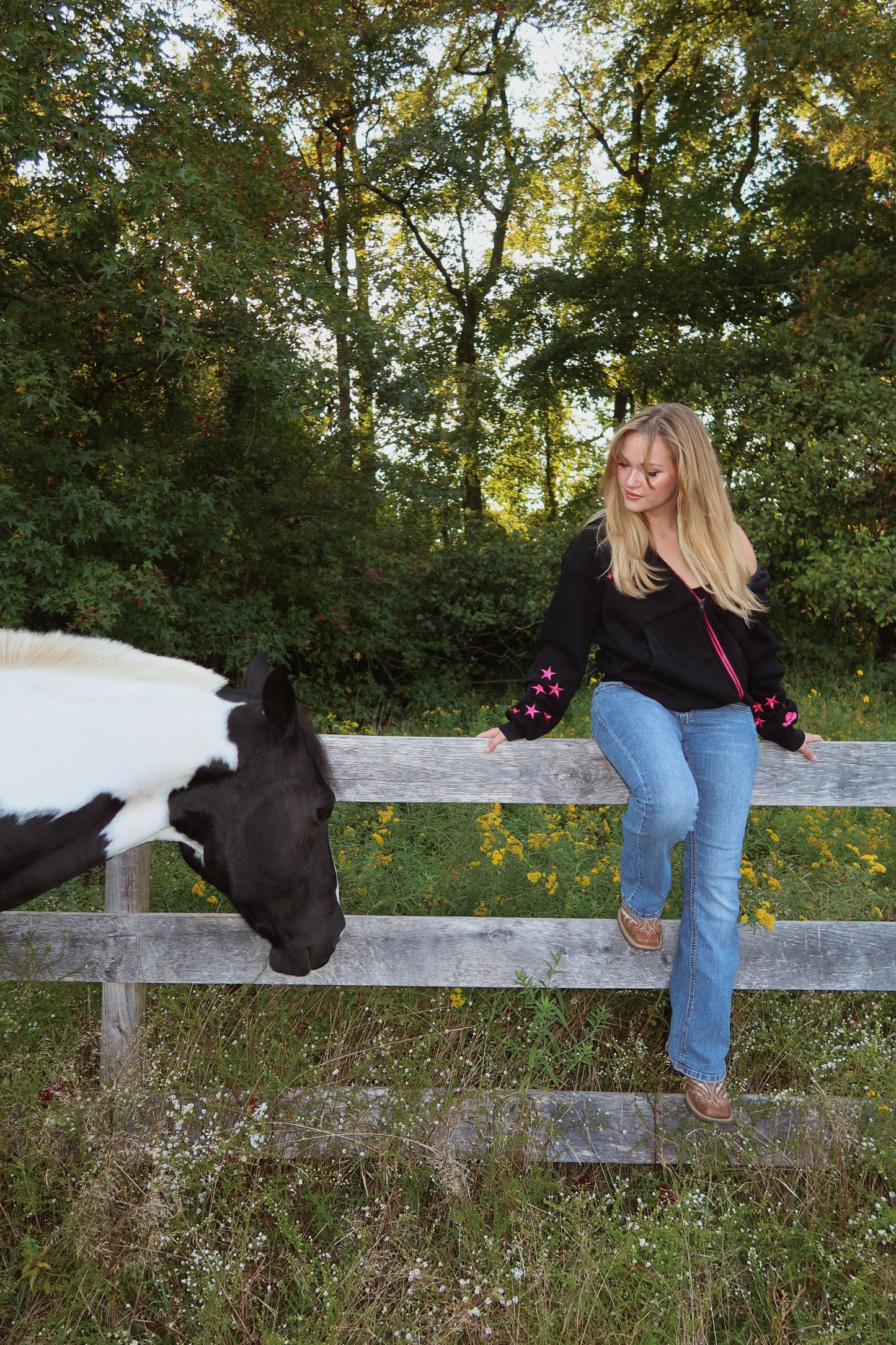 Black & Pink Zip Up Hoodie: Western Edit w/ Metallic Embroidery