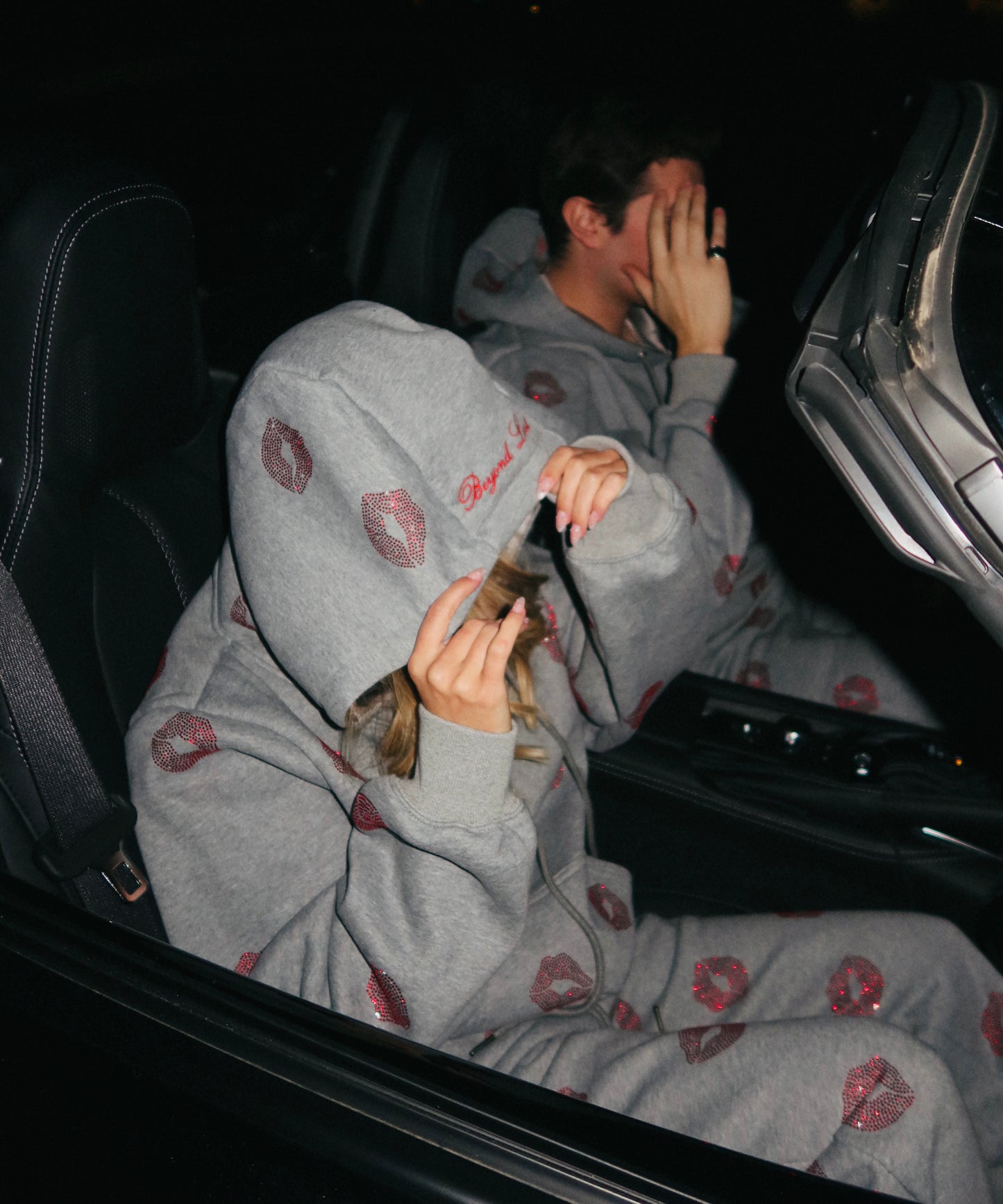 NEW! So Kissable - Gray Hoodie with Red Rhinestones. Satin Lined Hood.