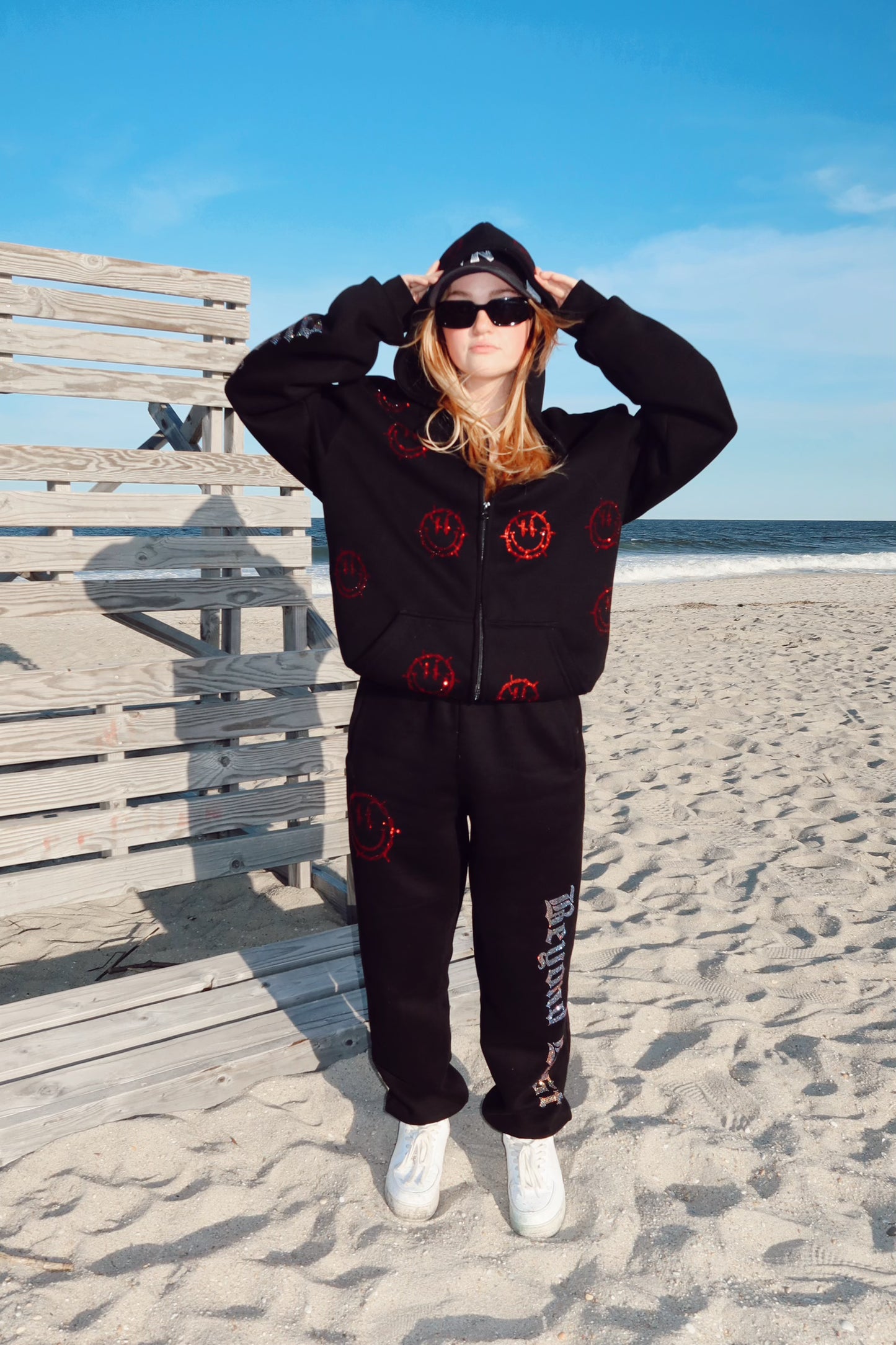 Black Rhinestone Sweats: Barbed Wire Smiley Face