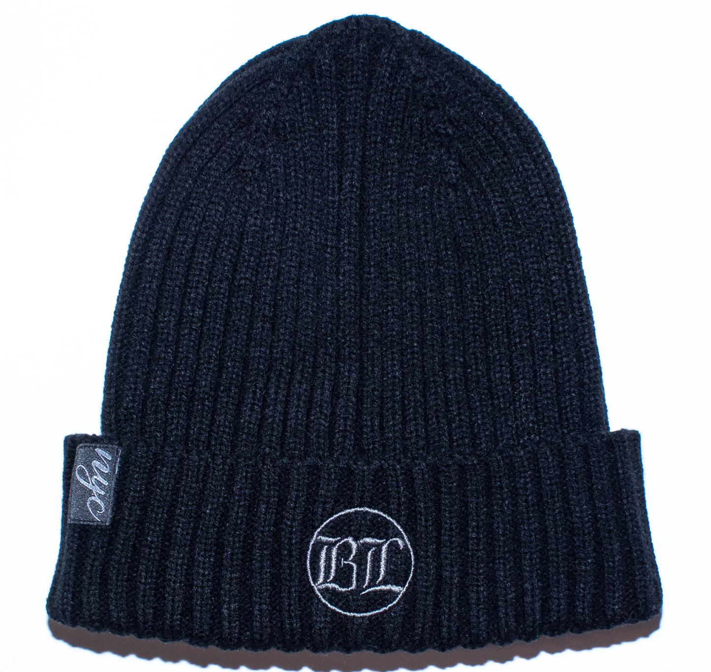 Black Loose Knit Beanie: Black w/ Charcoal Embroidery