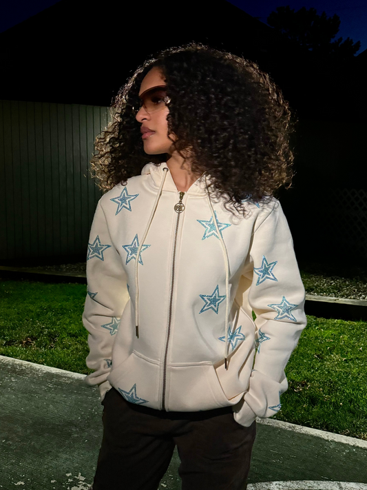 Ivory Stars Zip Up Hoodie: Aqua Iridescent Rhinestones