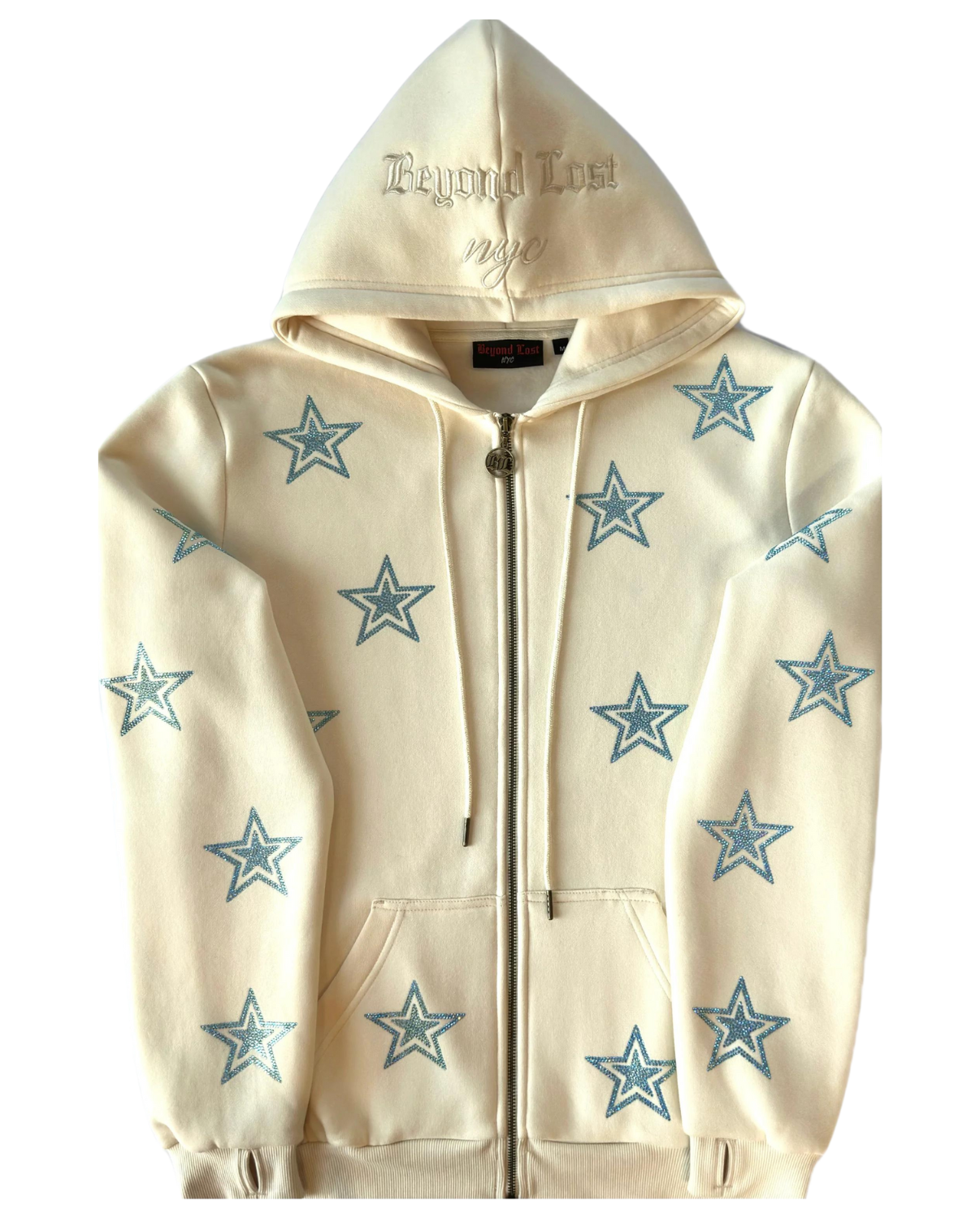 Ivory Stars Zip Up Hoodie: Aqua Iridescent Rhinestones