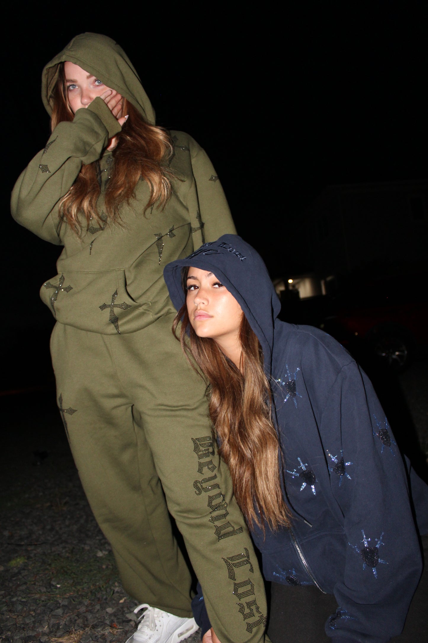 3 Zip Pockets Olive Green Rhinestone Sweatpants: Black Daggers