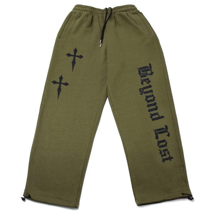3 Zip Pockets Olive Green Rhinestone Sweatpants: Black Daggers