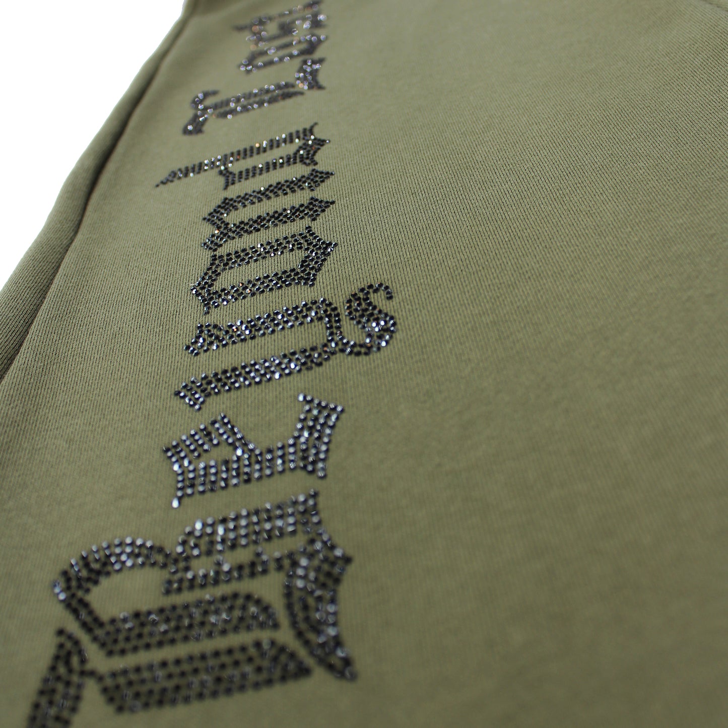 3 Zip Pockets Olive Green Rhinestone Sweatpants: Black Daggers