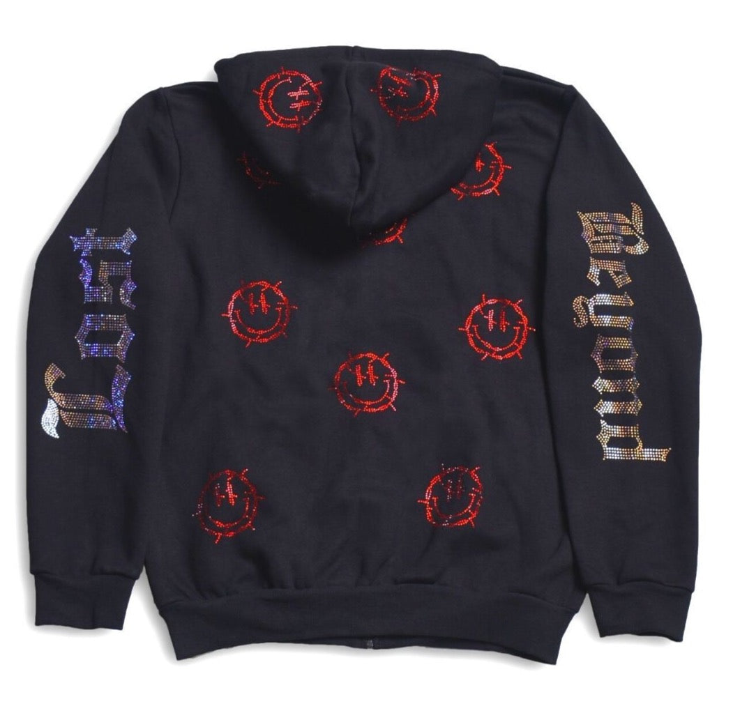 Black Rhinestone Zip Hoodie: Barbed Wire Smiley Face