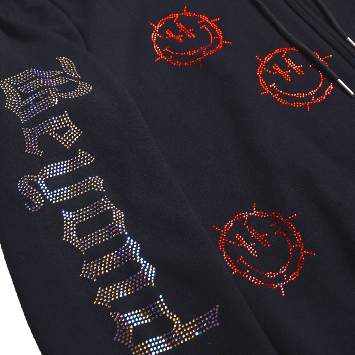 Black Rhinestone Zip Hoodie: Barbed Wire Smiley Face