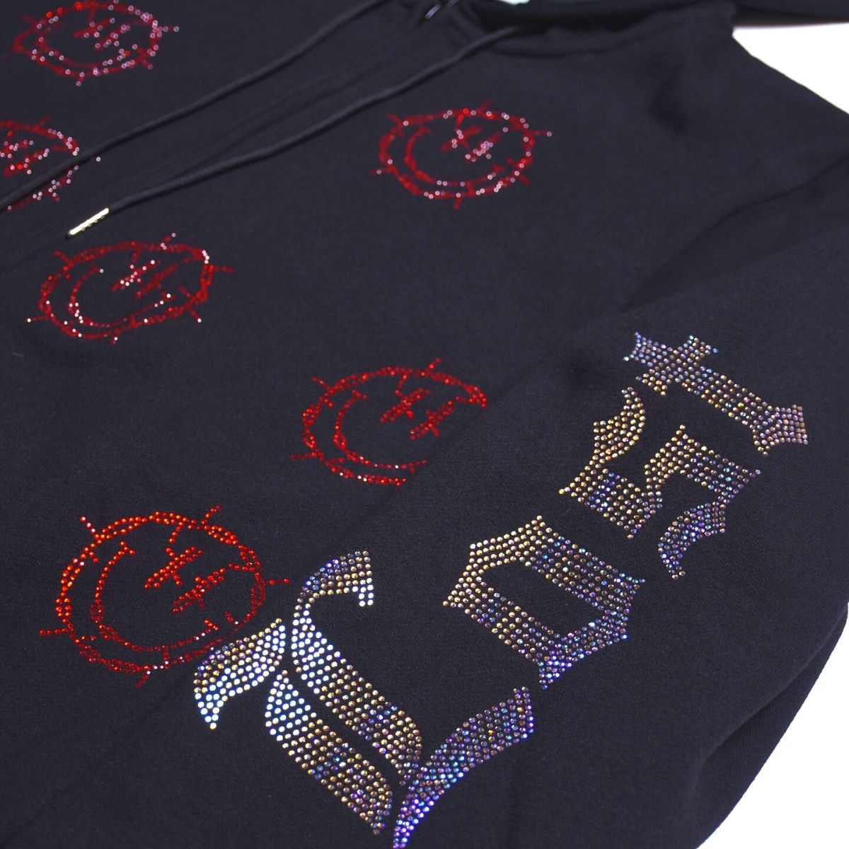 Black Rhinestone Zip Hoodie: Barbed Wire Smiley Face