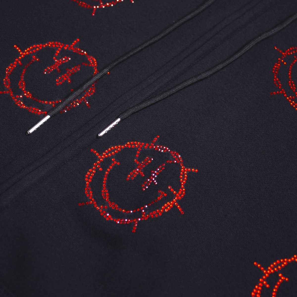 Black Rhinestone Zip Hoodie: Barbed Wire Smiley Face